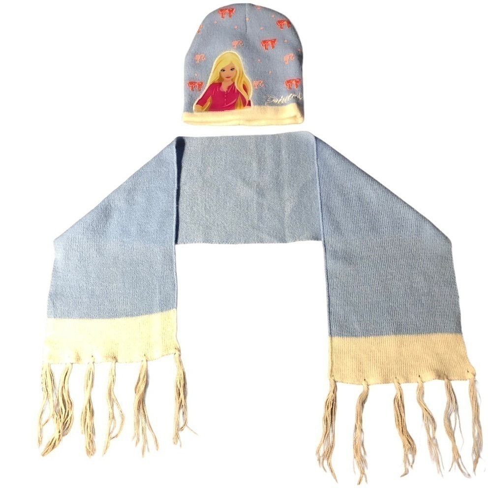 HAND STITCHED LITTLE GIRLS SCARF AND PRINCESS HAT LIGHT BLUE AND WHITE